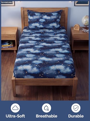 Image of Kids Twin Size Starry Sky Bed Sheets - 3 Piece Kids Starry Sky Sheet Set | Starry Sky Themed Bedding, Ultra-Soft, Cute & Cozy, Breathable & Machine Washable, Bed Set for Boys, Girls & Teens & Cooling