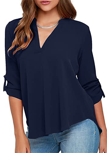 OMZIN Women's Summer V Neck Solid Loose Casual Cuffed Sleeve V Neck Blouses Navy Blue S