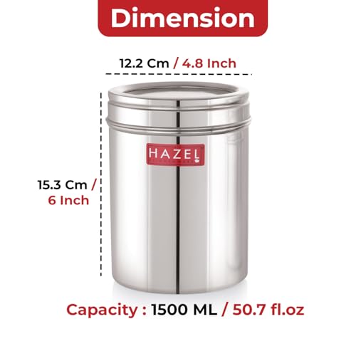 Image of HAZEL Stainless Steel Kitchen Container with Transparent Lid | Top See Through Kitchen Container Set with Matt Finish | Multipurpose Container for Kitchen Storage, 1500 ML, Set of 6