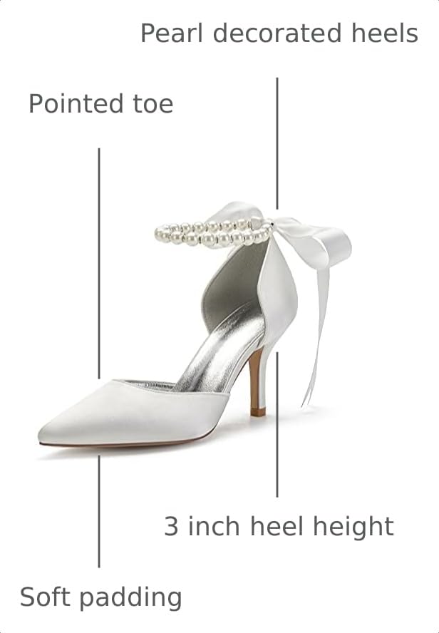 Image of Women's Pearl White Wedding Shoes for Bride High Heels Pointed Toe Bridal Shoes Satin Prom Party Dress Pumps Sandals