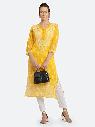 Image of FAWOMENT Women's Designer Straight Georgette Hand Embroidered Lucknowi Chikankari Kurta Designed in Side Jhaar Pattern Alongwith Slip
