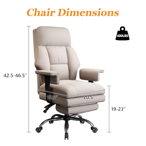 Image of Office Chair with Leg Rest, Leather High Back Executive Office Chair with Wheels, Ergonomic Desk Chairs with Lumbar Support for Home Office, Beige