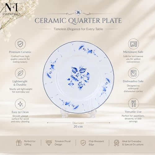 Image of NFI essentials 8 inch Ceramic Quarter Plate with Elegant Blue Floral Design, Premium Serving Plate for Snacks, Desserts, Breakfast & Appetizers, Dishwasher Safe