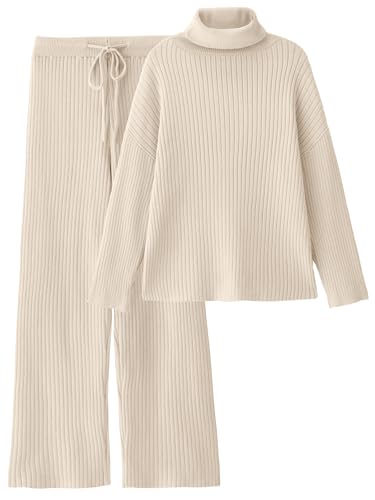 Image of LILLUSORY Women's 2 Piece Outfits Turtleneck Sweaters Lounge Set and Wide Leg Pants Cozy Knit Sweatsuit Sets