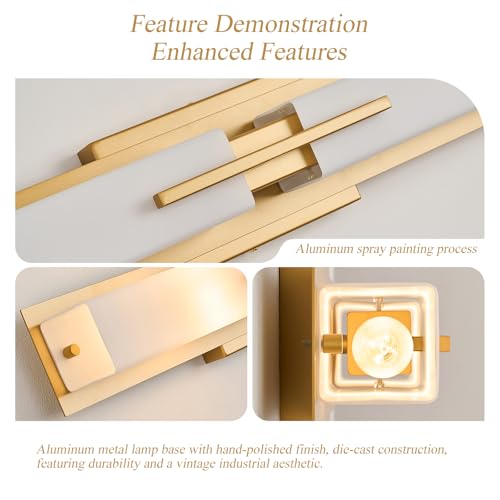Image of VitaLink Gold Vanity Light, 24 inch Modern Bathroom Wall Light Over Vanity Mirror 2-Light Hardwired Milky White Glass Wall Light for Bedroom Living Room Dining Room Hallway