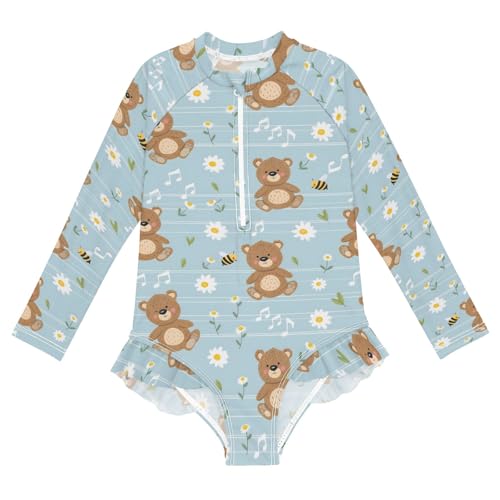 Cute Bears Daisy Music Notes Girls Long Sleeve Swimsuit Rash Guard One Piece Bathing Suits Zipper 3-12T
