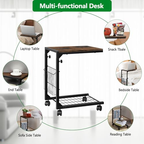 C Shaped Side Table with Wheels End Table for Small Spaces C Table Adjustable Height Couch Sofa Laptop Snack Tables That Slide Under for Living Room Bedroom, Rustic Brown