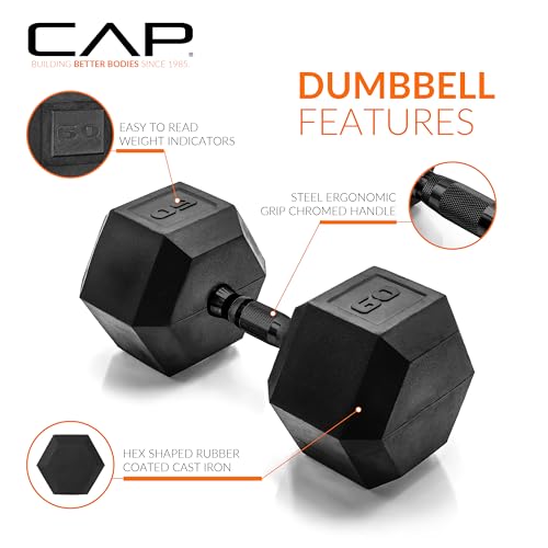 Image of CAP Rubber Coated Dumbbell Weights, Free Weights for Home Gym Strength Training, Anti-Roll Hex Dumbbells with Black, Chrome & Comfort Grip Handles, Singles