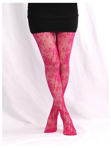 Image of SHENHE Women's Patterned Fishnet Tights High Waist Pantyhose Floral Stockings Hot Pink One-Size