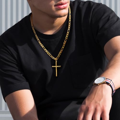 14k Gold Cross Necklace for Men Large Gold Cross Pendant Figaro Chain for Mens 14K Chain 5mm Masculine Appeal 20, 22, 24 INCH4