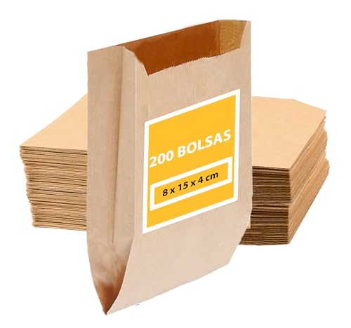 200 piezas Bolsas de Papel Marrón, Sobres de Papel Kraft para Regalos Bolsitas Para Chuches de papel (200 Pza, 8 x 15 cm)