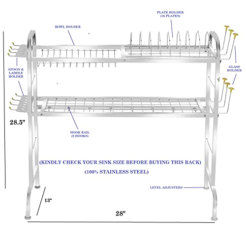 Image of Fortune Blu Stainless Steel Over The Sink Dish Drying Rack 28 Inch - 2-Tier Utensil Holder for Kitchen Counter Top - Standing Shelf for Organization (2 Shelf) - Countertop, 32D x 70W x 72H cm
