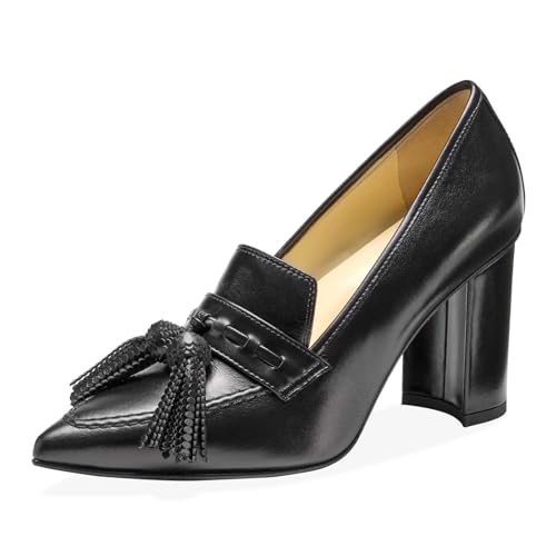 anteikira Women's Chunky Heel Tassels Pumps Slip On Pointed Toe Block High Heel Loafers Oxford Shoes Classic Comfort Casual Shoes Penny Loafer for Women