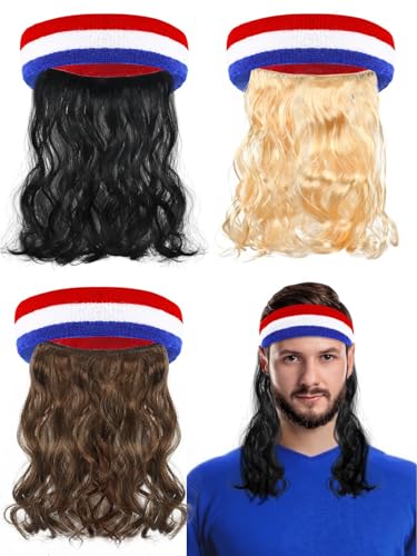 BOARDFEB 3 Pcs Mullet Wig Skull Cap for Men 4th of July Headscarf Patriotic USA Headscarf Red White and Blue Accessories Independence Day Wigs Blonde Brown Black