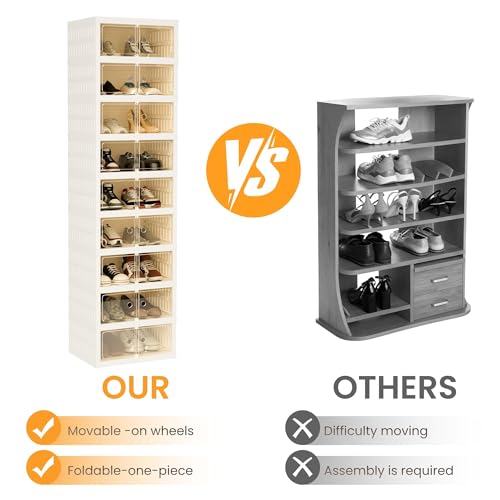 Image of Foldable Shoe Organizer Storage Box Set of 6, Portable Extra Large Folding Shoe Rack for Closet, Shoe Storage Box with Magnetic Transparent Door and Wheels, 9 Layers 18 Grids