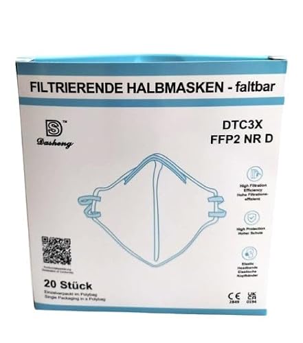 FFP2 NRD Maske, 20 Stk., Verstellbares Kopfband, Höchster Schutz durch Dolomitstaubprüfung, Schaumstoffpolsterung, Einzelverpackung im Polybag, Zertifizierter Atemschutz, EN149:2001+A1:2009 EU2016/425