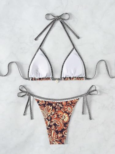 Image of BYFINECANY Women's Floral Printed Bathing Suit Halter Paisley Summer Swimsuit Bikinis Set