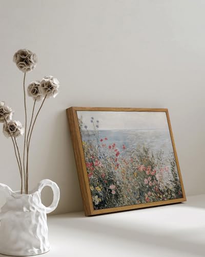 Image of KISSFOX Framed Wall Art Vintage Wall Decor Coastal Canvas Art Wildflower Pictures Seascape Paintings Rustic Prints Impressionist Artwork For Bedroom Living Room Kitchen