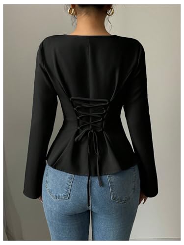 GORGLITTER Women's Dressy Asymmetrical Blouse Shirt Lace Up Back Bell Long Sleeve Business Work Tops2