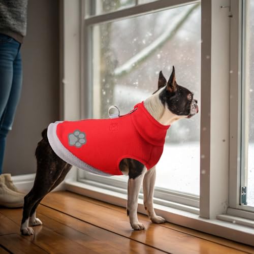 Image of Mihachi Dog Fleece Vest Sweater Zip Up Warm Pullover Step-in Dog Jacket with Dual D-Ring Leash, Winter Cold Weather Reflective Coat Clothes Hoodie for Small Medium Dogs Puppy Cat Boy Girl, Red L