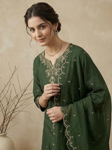 Image of INDO ERA Women's Silk Blend Embroidered Straight Kurta Pant with Dupatta Set