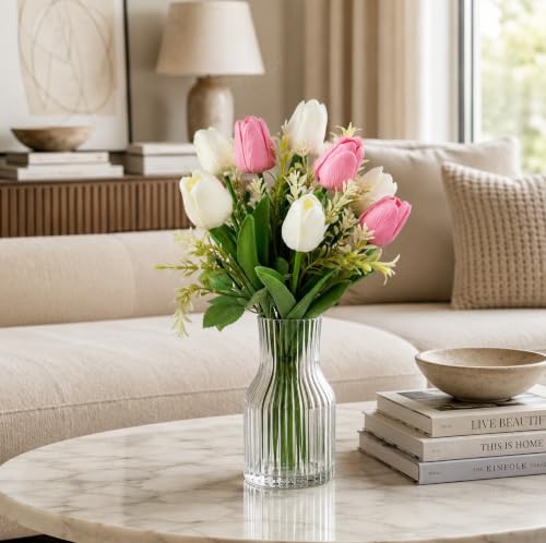 Image of Divyakosh Artificial Flowers Bunch (Vase Not Included). Artificial Flower for Vase Flower Bouquet Gift, 8 Artificial Tulips, 5 Ivory White & 3 Soft Pink, Home Decor for Living Room Office