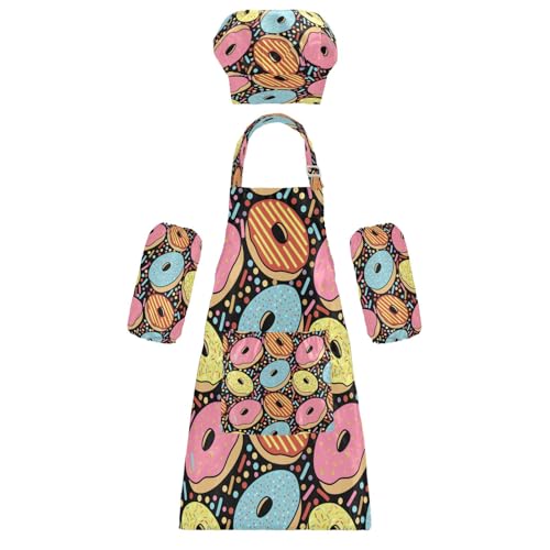 Kids Apron Chef Hat Set Adjustable Bib Aprons with Pockets Colorful Donuts for Cooking Baking Painting Age 3-6