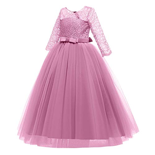 Image of Girls Flower Vintage Floral Lace 3 /4 Sleeves Floor Length Dress Wedding Party Evening Formal Pegeant Dance Gown