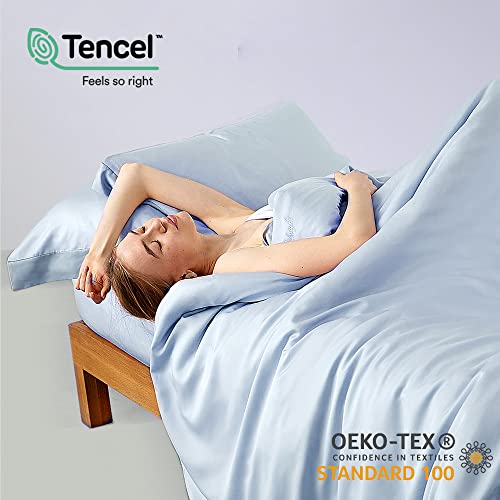 Nexhome Pro 100% Linen Tencel Cooling Duvet Cover Set,Queen Size 5 Pcs Eucalyptus Soft Breathable Comforter Cover Set Reversible Bedding Neutral Duvet Covers Button Closure,90"X90" Blue(No Insert) #TOP1