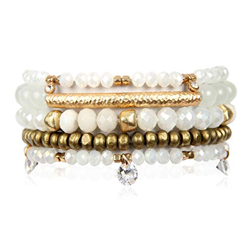 Bohemian Natural Stone Beaded Multi Layer Versatile Statement Bracelets - Sparkly Crystal, Wood, Tassel Charm Stackable Stretch Prayer Cuff Bangles (Hammered Bar & Cubic Dangle Mix - Natural)