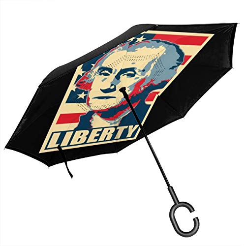 Preisvergleich Produktbild George Washington, Liberty Doppelschichtiger umgekehrter Regenschirm für Auto, umgekehrt, mit C-förmigen Händen, leicht und Winddicht