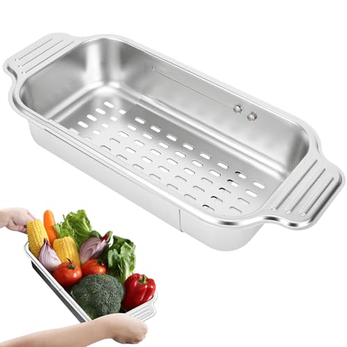 Scolapasta da Lavello, Scolapasta Acciaio Inox, Setaccio Estensibile per Lavello, Accessori Cucina Ideale per Lavare Frutta e Verdura, Scolare la Pasta Cotta - Medio