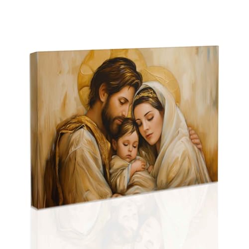 Image of SWQYLB Holy Family Canvas Wall Art Catholic Framed Pictures Jesus Virgin Mary Painting Christian Poster Art Prints for Dining Room Church Decor (12.00" x 18.00")
