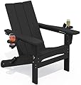 SERWALL Adirondack Chair with Dual Cup Holders, Folding Modern Adirondack Chair, HDPE Outdoor Fire Pit Chair for All Weather Using, Black