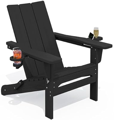 SERWALL Adirondack Chair with Dual Cup Holders, Folding Modern Adirondack Chair, HDPE Outdoor Fire Pit Chair for All Weather Using, Black