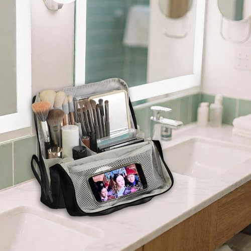 standing makeup bag, Women's Large Capacity Foldable Magnetic Travel Makeup Storage Bag, waterproof pu leather Portable Open makeup bag with dividers,pink2