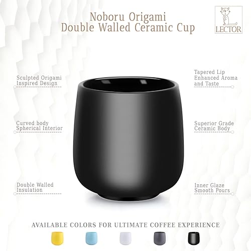 Image of LECTOR Noboru Origami Double Walled Ceramic Cup | 230ml Insulated Coffee Mug for Hot & Cold Coffee, Espresso, Tea & Drinks | 85mm Height | Stylish & Durable | Microwave Safe (Pack of 1) (Black)