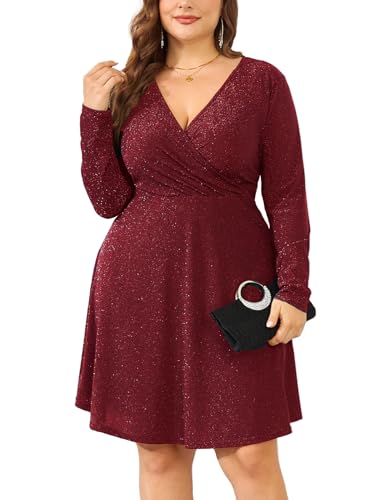 ZOMVA 2024 Übergröße 1X-4X Glitzer-Wickelkleid V-Ausschnitt A-Linie Minikleid Langarm Sparkle Pailletten Sexy Kleid Cocktail Party, Burgunder, 4XL
