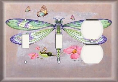 Two Switch/One Duplex Receptacle Plate - Green Dragonfly