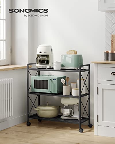Image of SONGMICS 3-Tier Metal Storage Rack with Wheels, Mesh Shelving Unit with X Side Frames, 31.5-Inch Width, for Entryway, Kitchen, Living Room, Bathroom, Industrial Style, Black UBSC183B01
