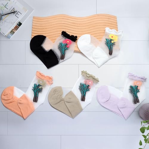 5 Pairs Sheer Ankle Socks, Thin Mesh Ruffle Lace Socks for Women Girls3