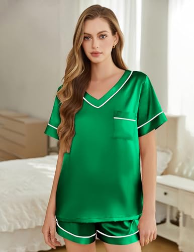Image of Silk Pajamas for Women Short Sleeve Satin 2 Piece Pj Set Soft V Neck Sleepwear Loungewear, S-XXL