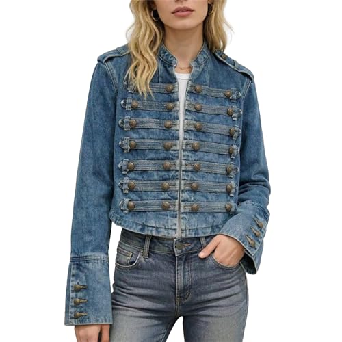 JEFQJDJ Womens Military Denim Jacket Steampunk Jean Jacket Stand Collar Vintage Gothic Coat Double Breasted Jean Jacket (Medium Blue)