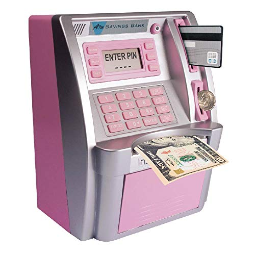ATM Toy Savings Bank with Motorized Bill Feeder, Coin Reader and Balance Calculator (Pink)