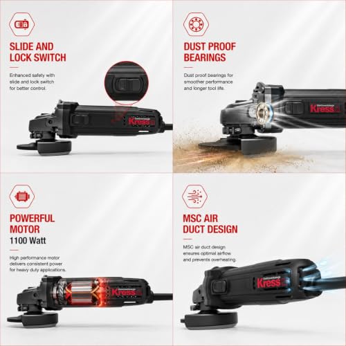 Image of Kress KU712 1100W 125mm Angle Grinder | Compact & Lightweight 4.9-Inch Grinder with 11,000 RPM Speed, Lock-On Slide Switch, Dust-Proof Bearings & Spiral Bevel Gears | Includes Handle & Spanner