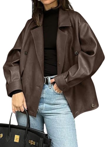 chouyatou Women's Vintage Faux Leather Bomber Jacket Double Breasted Oversized Coat Motorcycle Jacket