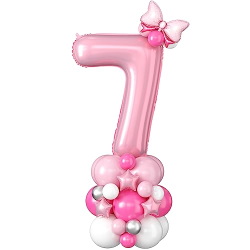 Image of 40 Inch Pink Number 7 Balloon Tower 7th Birthday Decorations for Girls | Large Pastel Baby Hot Pink White Number Seven Foil Balloons Stack Set 7 Years Old Princess Seventh Birthday Party Decorations