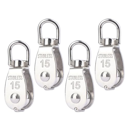 4PCS M15 Single Pulley Snatch Block 304 Stainless Steel Lifting Crane Swivel Hook, 1/4" Rope x 3/5" Sheave