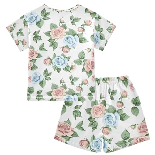 ALAZA Rose Bouquet Flower Floral Pajamas Set Short Sleeve Cotton Sleepwear Summer Pjs 2 Piece 5-14Y2