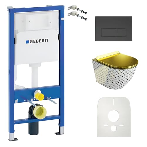GEBERIT Duofix Basic élément mural+évier Sofi Slim Checked Gold sans bord+abattant WC+panneau Delta 25 bouton noir kit encastré chasse d'eau